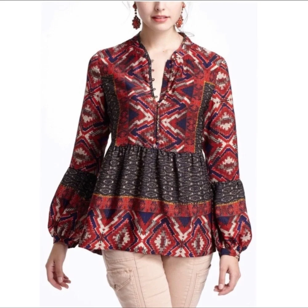 Anthropologie Konrad & Joseph Boho Geometric Peasant Blouse Red Small